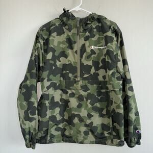 Champion Windbreaker Men Sz S Camo 1/2 Zip Hooded Long Sleeve Packable